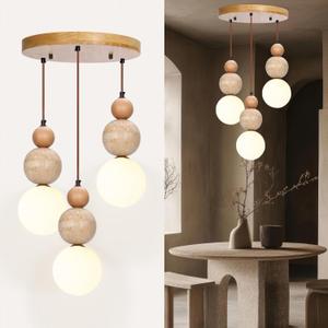 3-Light Spherical Wabi Sabi Travertine Stone Fixture Pendant Light | Nordic Wood Chandelier, Japandi Japanese Style Scandinavian Lamp for Kitchen Islands, Dining & Living Rooms (Log Color)