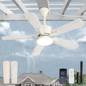 Fanbulous 42" Outdoor Ceiling Fans with Light for Patios, IP65 Waterproof Gazebo Fan, Plug in Ceiling Fan with Remote, 3CCT 6-Speed White Ceiling Fan with Hanging Hook for Porch, Pergola,Canopy