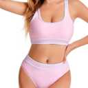 Women's Sporty Two Piece Swimsuits High Waisted Athletic Bikini Sets for Women Color Block Bathing Suit with Bottoms (Pink, S)