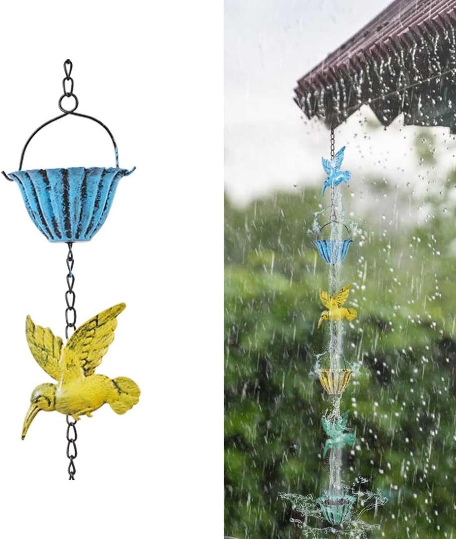 8.5ft Rain Chains for Outside,Colorful Hummingbird Rain Chain for Gutters and Downspouts, Rain Catcher Gutter Chain for Garden Decor(Hummingbird)