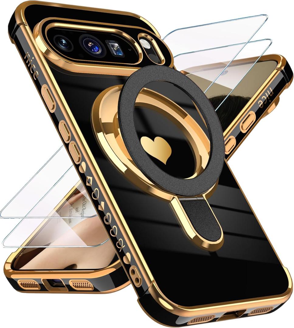 For Google Pixel 10/10 Pro Love Heart Kickstand Case with 2X Screen Protector: Luxury Plated Gold Edge Slim Soft TPU Shockproof Protection Case Cover for Pixel 10/10 Pro (Black)