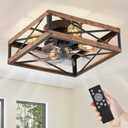 LEDIARY Caged Low Profile Ceiling Fans with Lights and Remote, Rustic Square Flush Mount Ceiling Fan, 6 Speed and Reversible, Small Farmhouse Bladeless Ceiling Fan for Bedroom, Kitchen, Dining Room (Wood Grain)