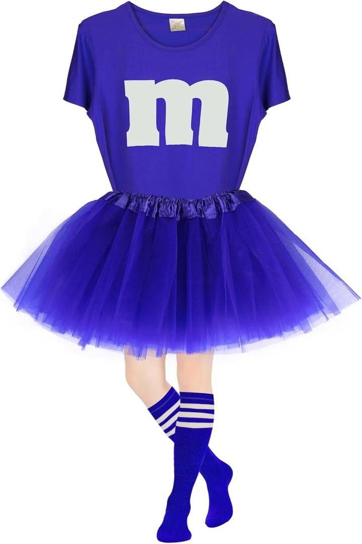 Letter M Halloween Costume Set T-Shirt Tutu Tube Socks Team Group Costumes for Women Halloween Cosplay Events (Blue, Small)