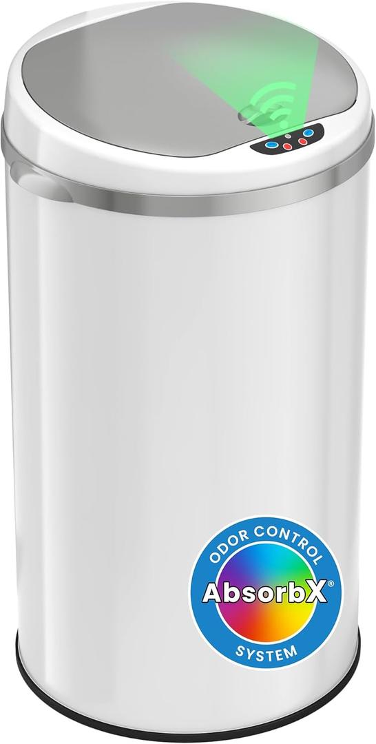 iTouchless 8 Gallon Trash Can with Odor Filter, White Stainless Steel Trashcan Round Garbage Bin for Home Office Work Bedroom Living Room Garage Large Capacity Slim Wastebasket