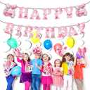Silver Pink Bow Birthday Party Decorations,Birthday Party Supplies,Glitter Happy Birthday Banner,Silver Pink Bow Hanging Swirls Bow Themed Party Decor for Girls Women Shower Birthday Party Supplies