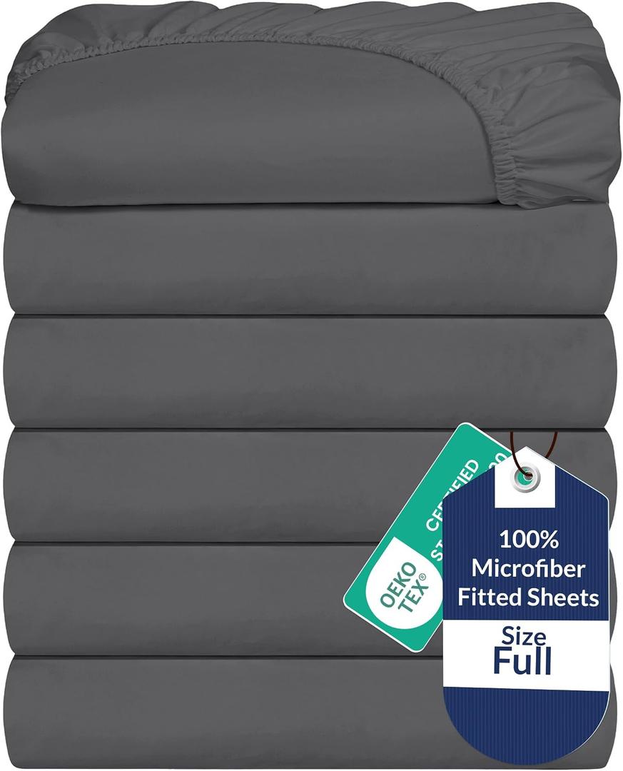 Royale Linens 6 Pack Full Fitted Sheet Set - Bottom Sheet - Ultra Soft & Breathable - Brushed 1800 Microfiber - Wrinkle & Stain Resistant - Hotel Quality Deep Pocket Stretches Up to 16" (Full, Grey)