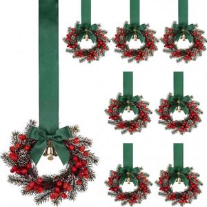 Janinka 8 Pcs Mini Christmas Wreath Small Cabinet Wreaths for Kitchen with Pine Berry Ribbon Bow Mini Christmas Farmhouse Decor for Holiday Xmas Party Porch Wall Window Door 7.87"(Red Berry Style)