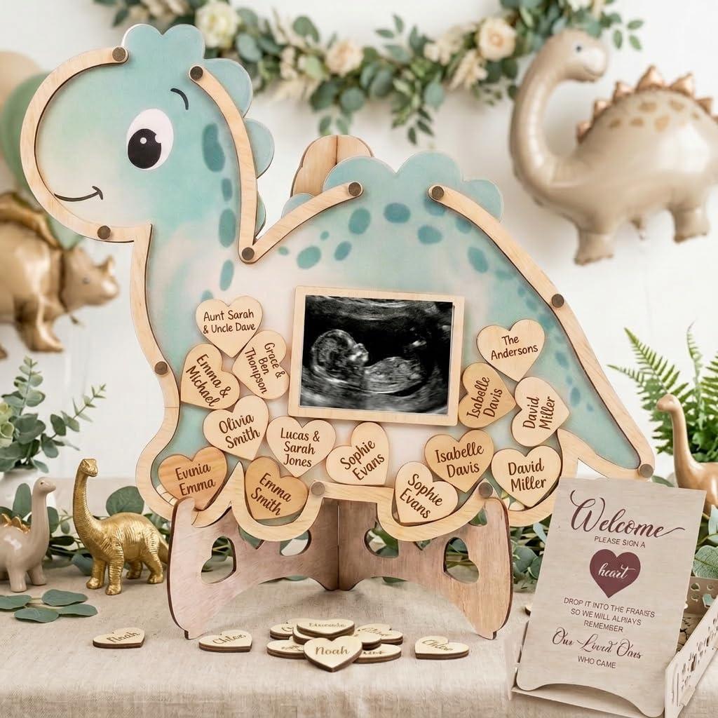 Dinosaur Guest Book Alternative Keepsake Frame - Baby Shower - Birthdays - Gender Reveal - Decorations - Premium Wooden Shadow Box Nursery Decorations - Gift Idea - Wooden Tokens and Token Sign Box Included - OneASaurus Theme (Green)