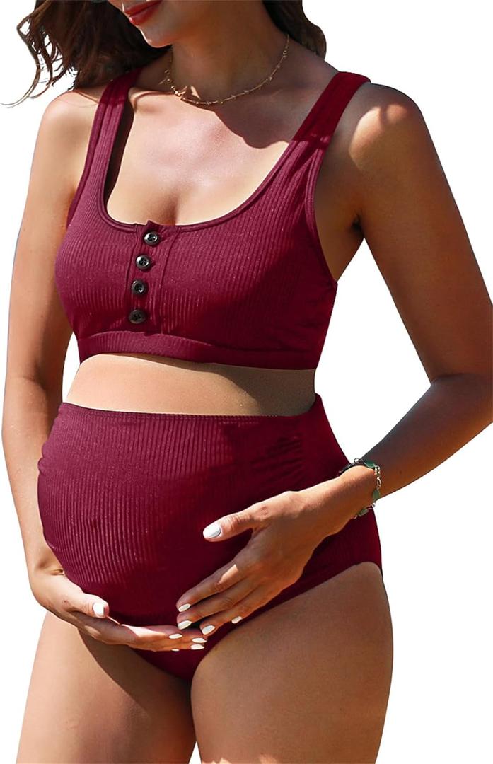 Summer Mae Maternity Ribbed High Waist Swimsuit Crop Top Bikini Bathing Suit High Cut Two Piece Pregnancy Swimwear (Medium, Wine Red)