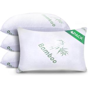 Memory Foam Pillows Queen Size Set of 4 - Cooling Bed Pillows for Sleeping - Back, Stomach, Side Sleeper Firm Pillow - Comfy Cool Shredded Memory Foam 4 Pack Queen Rayon Derived from Bamboo Pillows