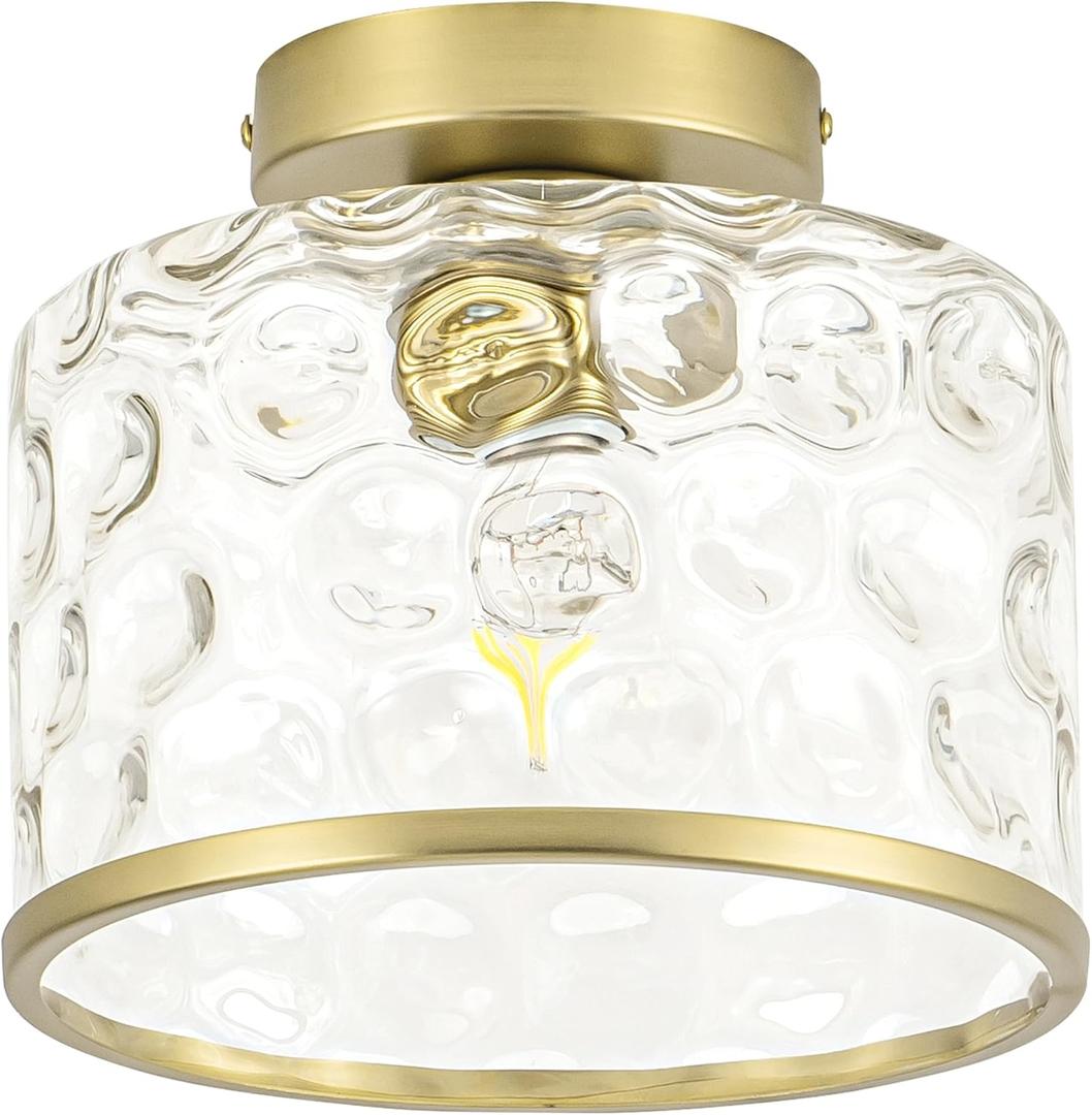 Gold Flush Mount Ceiling Light with Clear Hammered Glass lampshade, Farmhouse Ceiling Lights Fixture in Satin Brass for Kitchen Bathroom, Bulb not Included