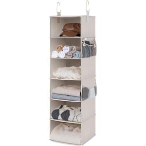 StorageWorks 6-Shelf Hanging Closet Organizer, Hanging Shelves for Closet, Fabric, Mixing of Beige, White & Ivory, 12" D x 12" W x 47 12" H