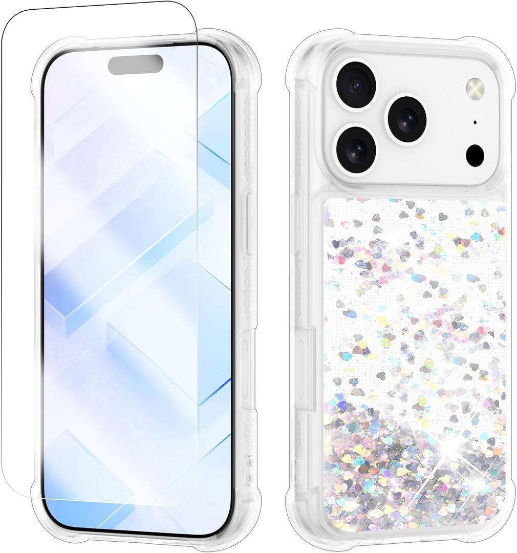 Case Compatible with iPhone 17 Pro, Shockproof Clear TPU Phone Glitter Case with 1 Screen Protector, Bling Glitters Case for Women, Silver