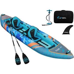 UPWELL 13'6”/11' Inflatable Recreational Kayak - 2 Person with Drop Stitch Floor and Accessories Including Kayak Seats with High Back Support, Paddle, Fin, Repair Kits, Carry Bag and Hand Pump