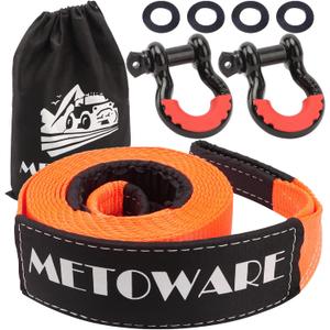 METOWARE Heavy Duty Tow Strap Recovery Kit - 3" x 20ft(35,000lbs) Tree Saver Winch Strap + 3/4" D Ring Shackles(2pcs) + Storage Bag - Truck, SUV, ATV Off Road Towing Strap Kit