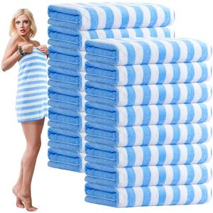 SmoothNovelty Pack Microfiber Bath Towels Bulk 27'' x 60'' Oversized Size Bath Towel Highly Absorbent Extra Large Soft Drying for Shower Beach Winter Salon Sport Gym Party(Stripes, Light Blue, 16)