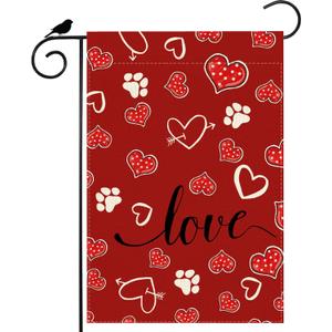 2 x Red Love Heart Dog Paw Print Valentines Day Garden Flag Yard Flag 12x18 Inch Double Sided Small Mini Yard Outdoor Outside Holiday Decoration
