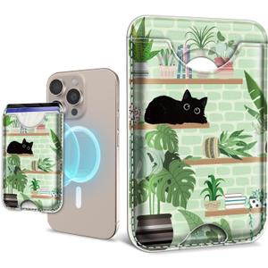 for Magsafe Magnetic Phone Wallet, Cat Magnetic Credit Card Holder Case, Tropical Leaf Slim RFID Vegan Leather Magnet Wallet Women, Stick on Back for iPhone 16 15 14 13 12 Pro Promax, 3 Cards