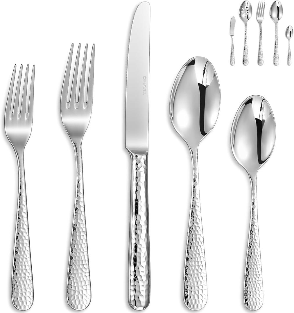 KEAWELL Premium 20/45/65 Piece Louise Hammered Silverware Set with Round Edge, 18/10 Stainless Steel, Service for 4/8/12, Fine Flatware Set, Dishwasher Safe (45)