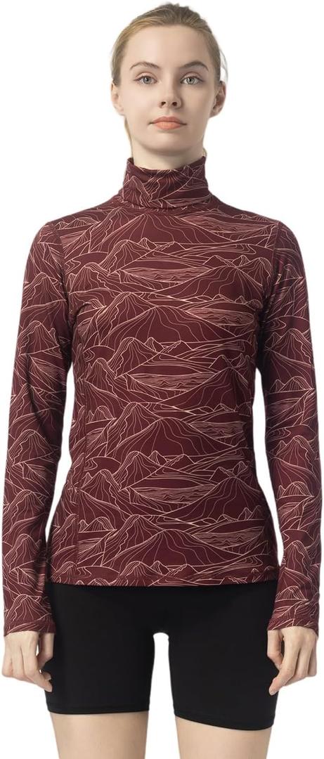 Leapstride Women's Slim Fit Turtleneck Performance Base Layer Long Sleeve Top with Mountain Print, Moisture-Wicking Fabric for Workouts & Outdoor Activities M