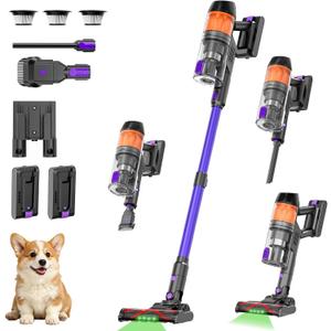 Cordless Vacuum Cleaner, 120Mins Runtime with 2 Batteries, 500W 40KPa Vacuum Cleaners for Home, Green Light Anti-Tangle Brush & Wall Mount Charging, Lightweight for Pet Hair Carpet Hard Floors
