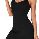 LYANER Women's Nightgown Sexy Lace Sleepwear V Neck Full Slip Chemise Lingerie Night Gowns Babydoll Sleepshirt (Large, Black)