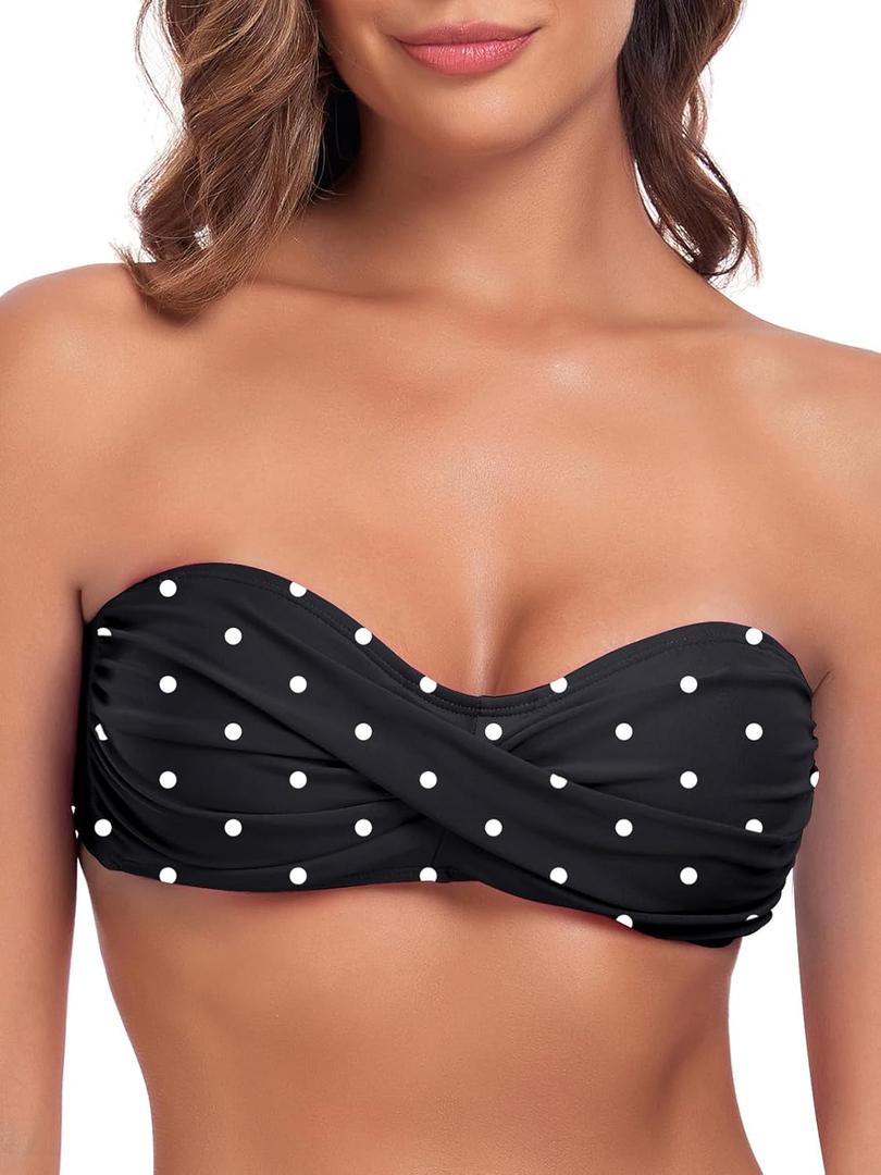 Colloyes Women's Bandeau Bikini Top Strapless Tie Back Bathing Suit Top (Black Polka Dot, Small)
