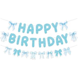Blue Bow Happy Birthday Banner for Coquette Party Decorations Pre-Strung Glitter Bow Garland Bunting for Girls Party Decor Favor Supplies