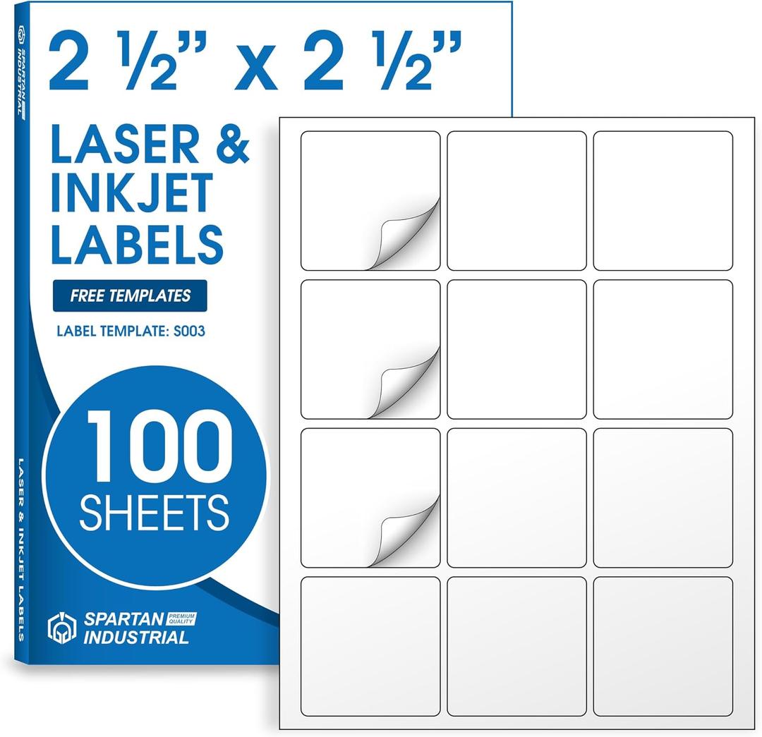 2.5" X 2.5" Matte White Printable Square Labels (100 Sheets, 1200 Stickers) Product Labels, Logo Stickers, QR Codes for Laser & Inkjet Printers - Spartan Industrial Template S003