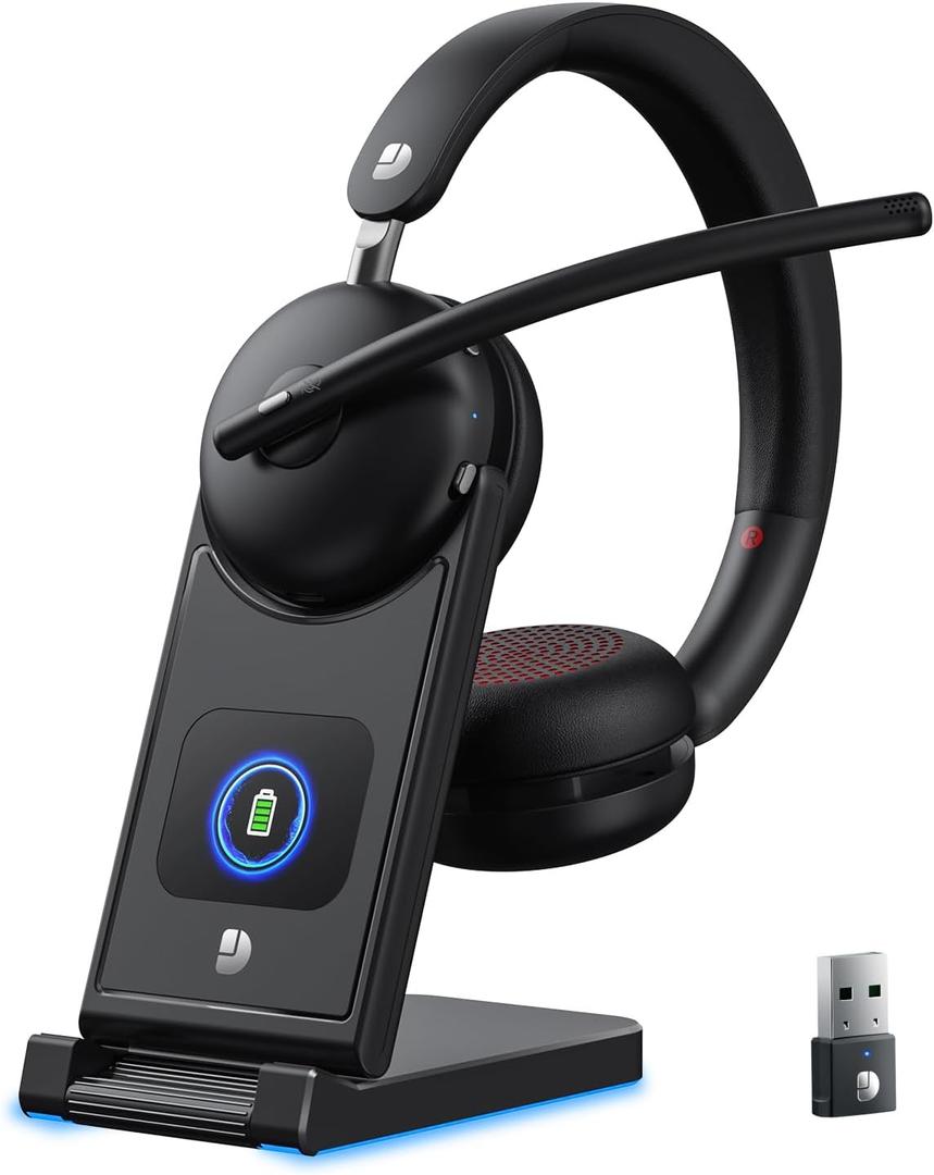 Wireless Headset with Mic for Work-Bluetooth 5.3 Headset with Noise Cancelling, Wireless Headsets with 65Hrs Battery & 10Min Fast Charge, Smart Dock with Digital Display for PC/Computer/Teams (Black)
