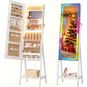 LVSOMT LED Mirror Jewelry Cabinet, Lockable Jewelry Armoire Cabinet Standing, Large Full-Length Mirror with Jewelry Storage, LED Lighted Floor Mirror, 14 RGB Lights, Christmas Gifts, White