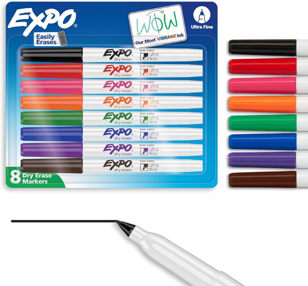 EXPO Dry Erase Markers, Low Odor Ink, Assorted Colors, Ultra Fine Tip, 8 Count - Whiteboard, Calendar, Organization, School Supplies