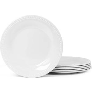 8.5 inch Basic White Melamine Plastic Beaded Salad Plate Set of 6, BPA Free, Chip & Break Resistant, Lightweight, Great for Dining, Weddings & Everyday Meals