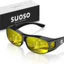suoso Night Driving Glasses Fit Over Eyeglasses for Men Women, Polarized Anti Glare Night Vision Glasses HD Yellow Lens