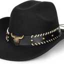 Western-Cowboy-Hats for Women Men - Classic Wide Brim Felt Fedora Unisex Upturn Bull Head Cowgirl Caps with Buckle Belt (Black)