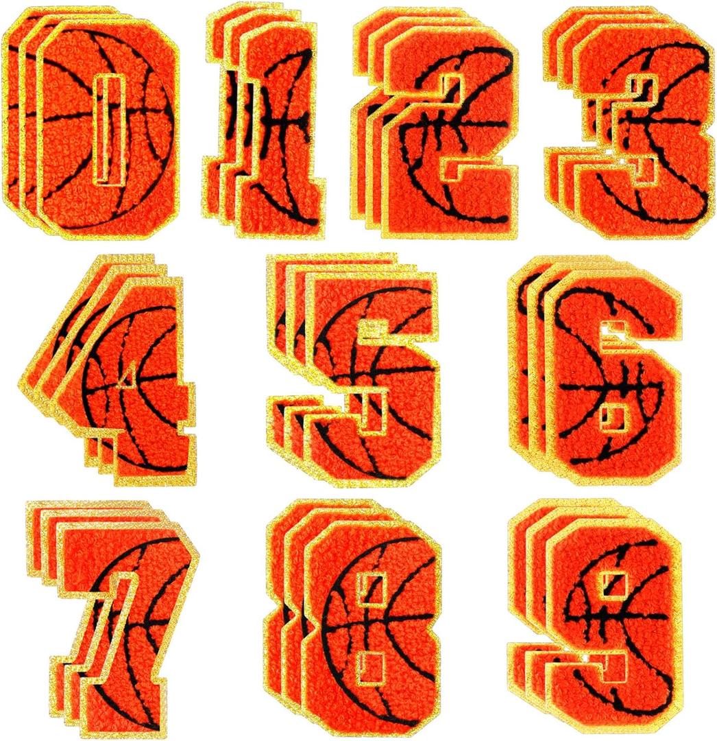 Hotop 30 Pcs Chenille Letter Patches Iron on Patches for Clothing Sports Patches Chenille Embroidered Applique for Bags Hat DIY Clothing Jackets Backpacks Repair (Orange, Basketball Number Style)