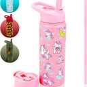 FAHRMOSIS 18 OZ Kids Water Bottle with Straw & 2 Lids (Flip & Spout) Leak Proof Metal Insulated Stainless Steel Reusable Tumbler for School & Sports Water Bottle - Pink (Unicorn)