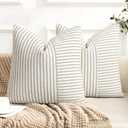 Farmhouse Pillow Covers 26x26, Modern Accent Square Throw Pillow Covers Set of 2, Gray and Beige Striped Patchwork Linen Decorative Pillows Cushion Covers for Couch Chair Bedroom Fall Decorations