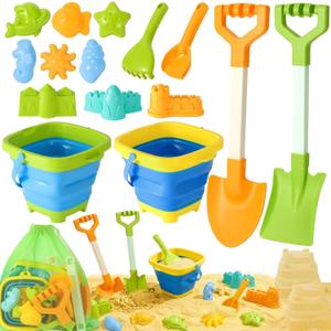HUITEM Beach Sand Toys for Kids with 20 in Long Beach Shovels, 2 Collapsible Bucket, Sand Castle Building Kit, Sand Molds, Mesh Bag, Travel Sandbox Toys Beach Essentials for Kids Age 3-10