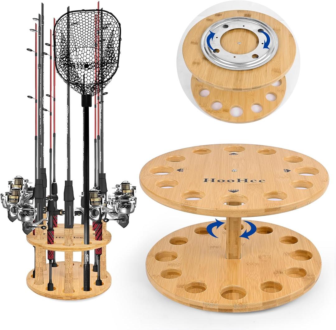 Fishing Rod Holders for Garage 360 Degree Rotating Fishing Pole Rack, Floor Stand Holds up to 12 Rods Bamboo Wood Fishing Gear Equipment Storage Organizer, Fishing Gifts for Men