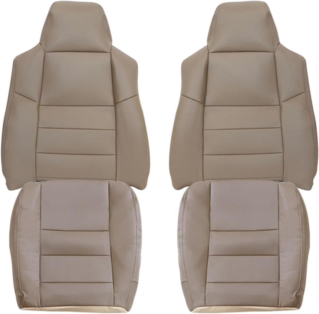 NLQR Tan Leather Driver & Passenger Side Bottom & Top Lean Back Replacement Seat Covers fit for Ford F250 F350 F450 F550 Lariat 2002 2003 2004 2005 2006 2007 Excursion 2002 2003 2004 2005