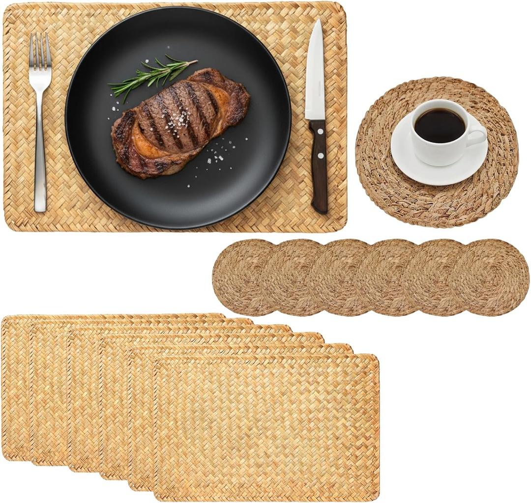 6 Pack Woven Placemats, Hand-Woven Natural Wicker Table Mats, Heat-Resistant, Includes 6 Coasters, Decorative Table Mats for Dining Table, Home, Wedding(15.7x10.2 Inch)