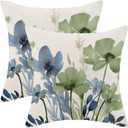 AEIOAE Spring Floral Pillow Covers 18 x 18 Inch Set of 2, Navy Blue Sage Green Flower Decorative Throw Pillow Covers Outdoor Linen Farmhouse Decor Pillowcase for Home Sofa