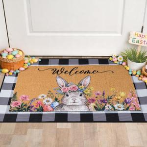 Shemilly 2pcs Easter Doormat Set Bunny Floral Welcome Floor Mats Non-Slip Entrance Black White Checkered Door Rugs for Indoor Outdoor Home Kitchen Living Room Bathroom Decor