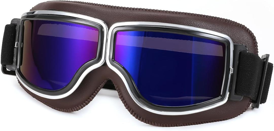 FEISEDY Motorcycle Goggles Vintage Anti Fog Pilot Style Leather Riding Glasses Safety Sport Eyewear B0046 (Brown Frame/Blue Mirrored Lens)