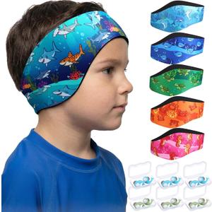 Duraaamo 6 Sets Swimming Headband Ear Plugs for Kids Include 6 Adjustable Swimming Ear Band and 6 Pairs Childrens Ears Plugs for Swim Keep Water Out Sea Pattern Accessories Swim Lesson Essentials