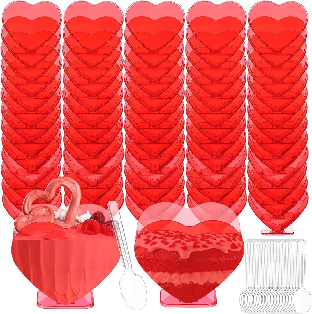 Mini Heart Shaped Dessert Cups with Spoons 2.7 oz Valentine Day Plastic Appetizer Cup Clear Disposable Reusable Heart Shaped Bowl for Valentine Wedding Party Cakes Ice Cream(Red,100 Set)