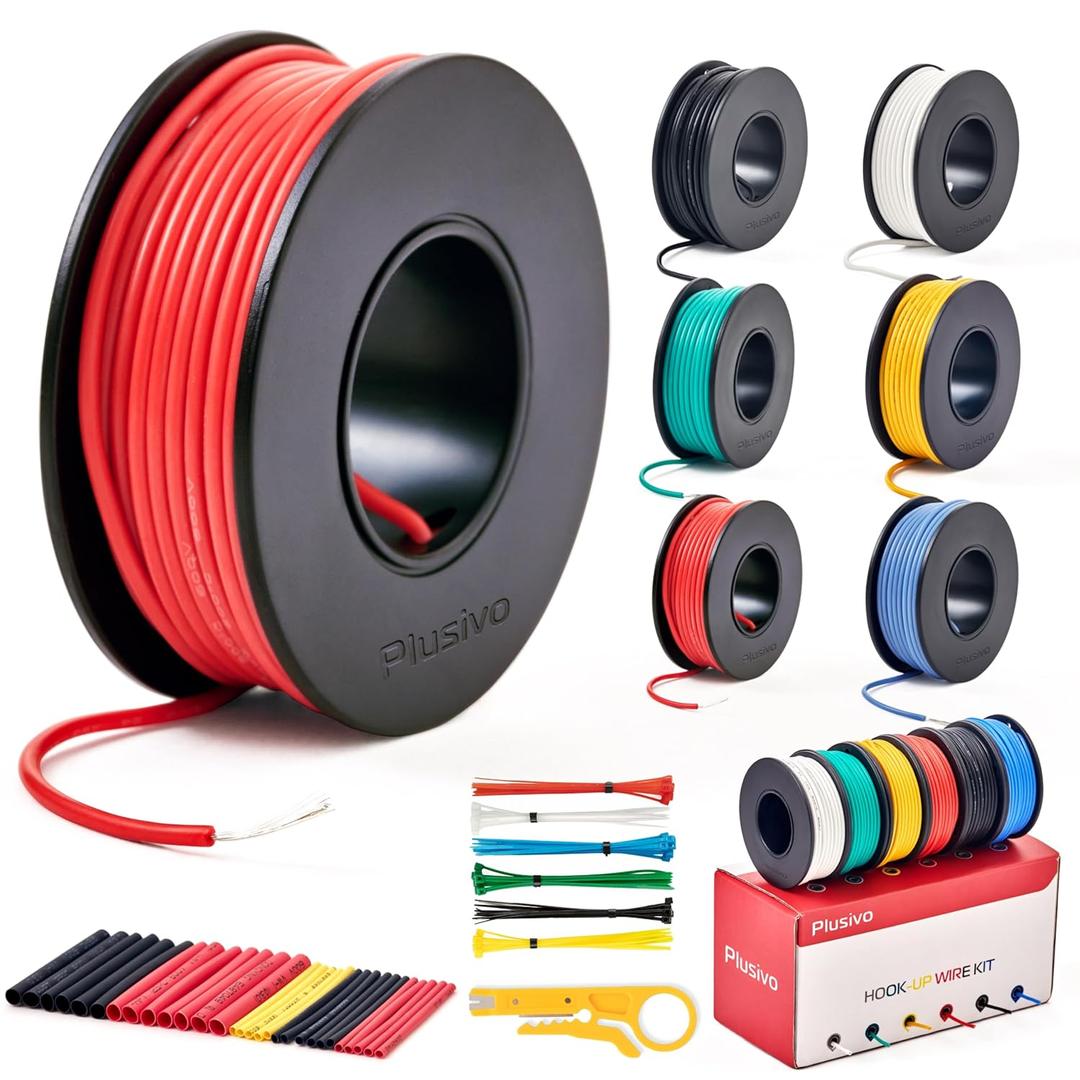 22 AWG Stranded Wire Kit  Silicone Coated Copper Wires 22 Gauge Pre-Tinned 23ft/7m Each Spool, 6 Colors (Black, Red, Yellow, Green, Blue, White), Electrical Jumper Wire Hook Up Wire Kit from Plusivo