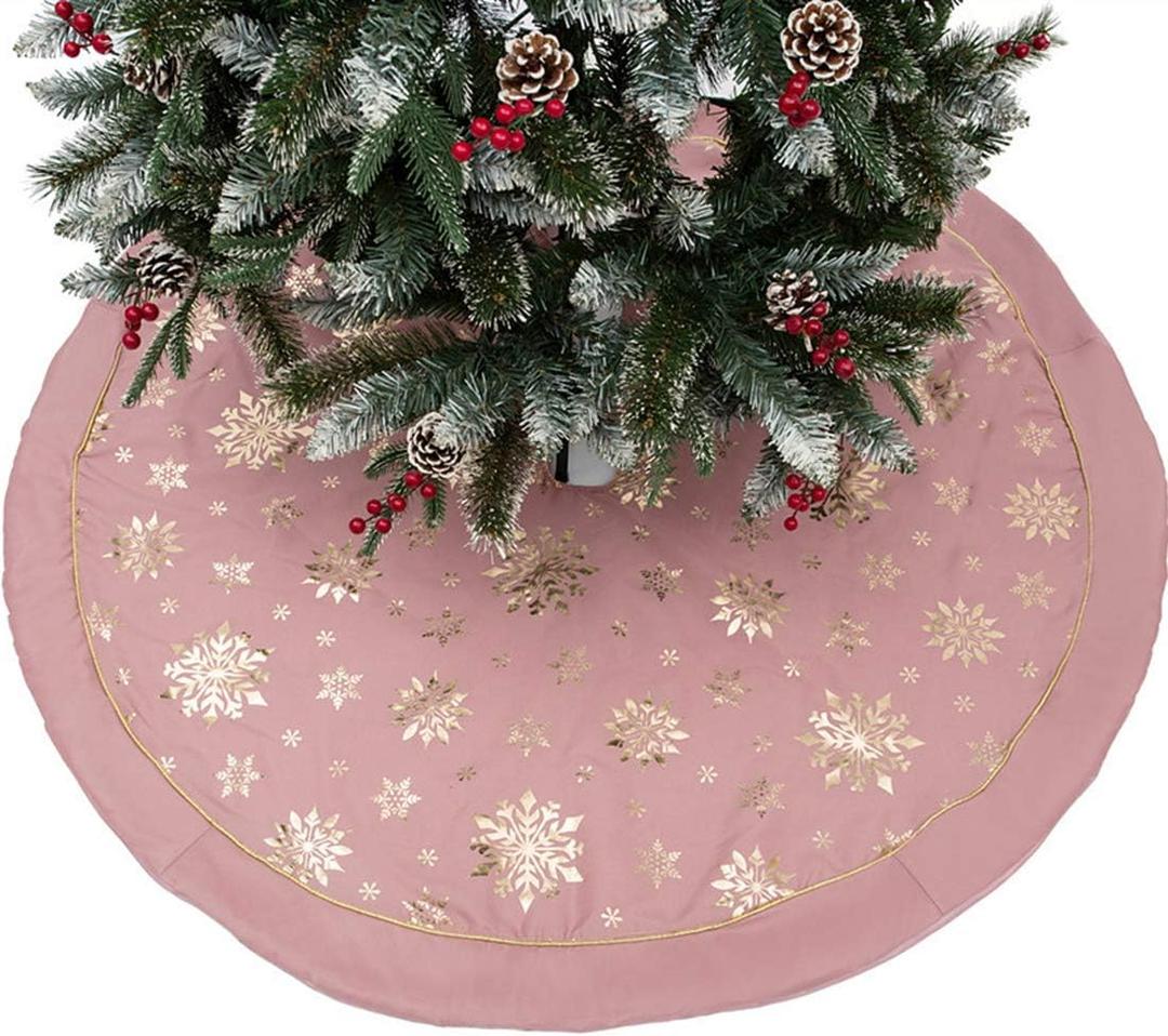 47" Large Christmas Tree Skirt Gilded Snow Snowflake Indoor Nordic Style Bright Colored Rustic Luxury Xmas Cushion Party Treatments, Pink (47.2 inches)