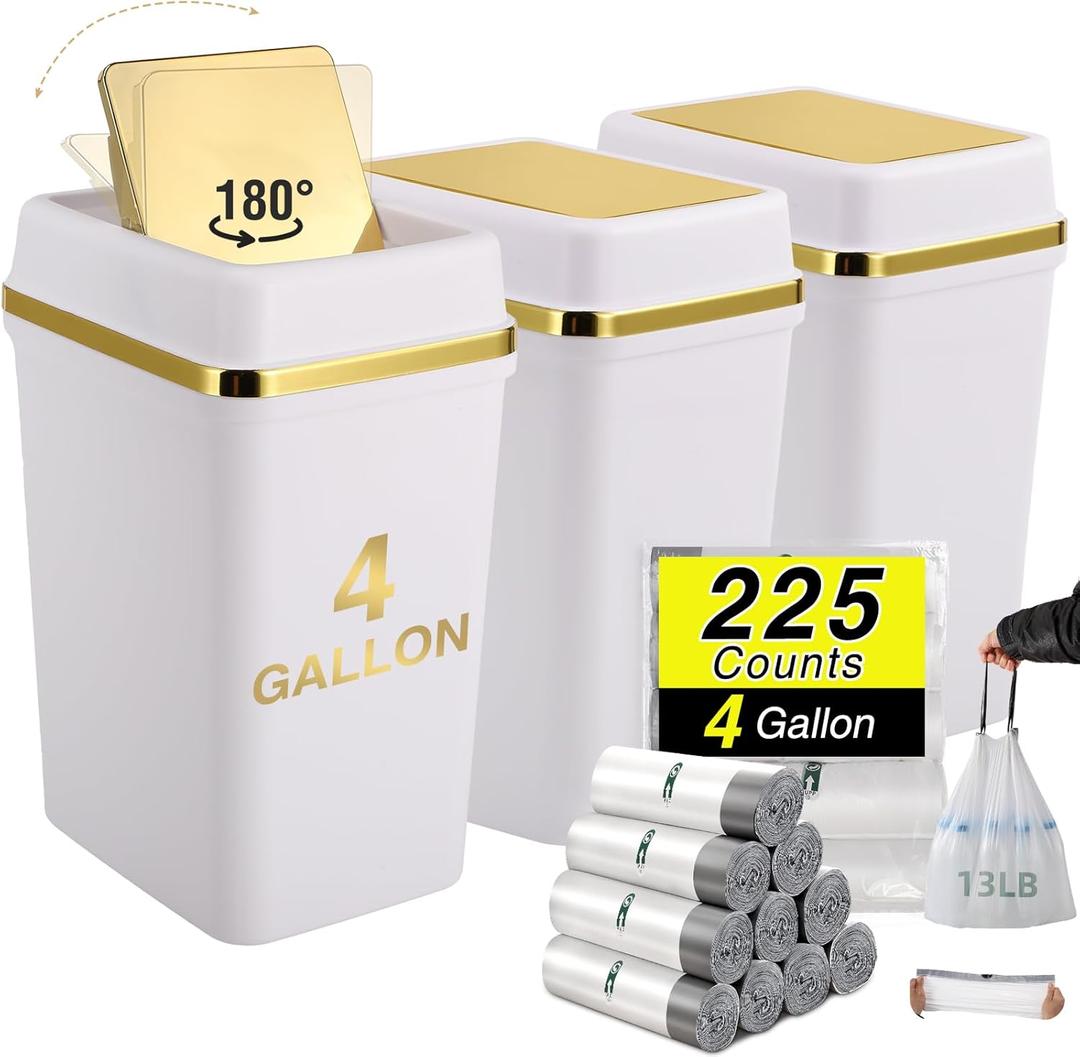 3 Pack Bathroom Can with Lid 4 Gallon Small Can with Swing Lid White and Gold Bathroom Garbage Can with 225 Counts Bags for Kitchen Bedroom Office
